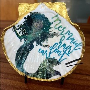 Handmade mermaid decoupage onto natural scallop seashell